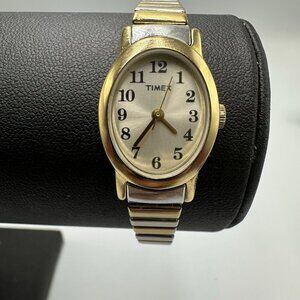 3/$30 Timex Cavatina Watch Women Silver/ Gold Oval Stretch Band Working 5.5"